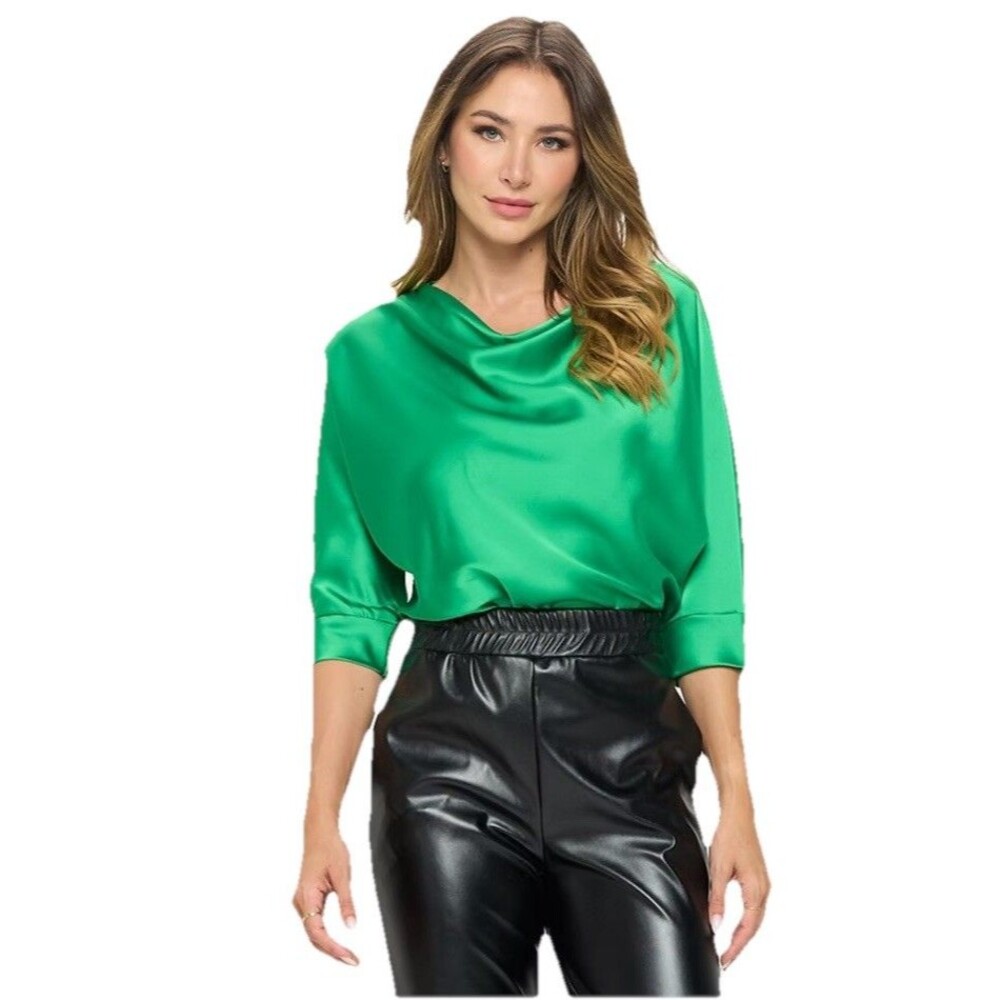 Renee Collection Satin Cowl Neck Blouse 3/4 Dolman Sleeve Green Size Small $148